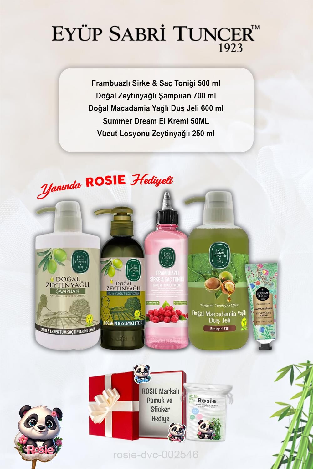 Macadamia Duş Jeli, Summer Dream Krem, Zeytinyağlı Şampuan ve Losyon, Frambuaz Tonik ve Rosie