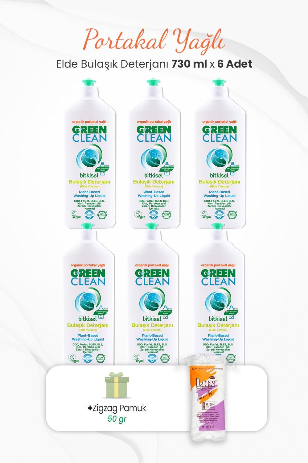 Green Clean Elde Bulaşık Deterjanı 730 ml x 6 Adet ve Zigzag Pamuk 50 gr