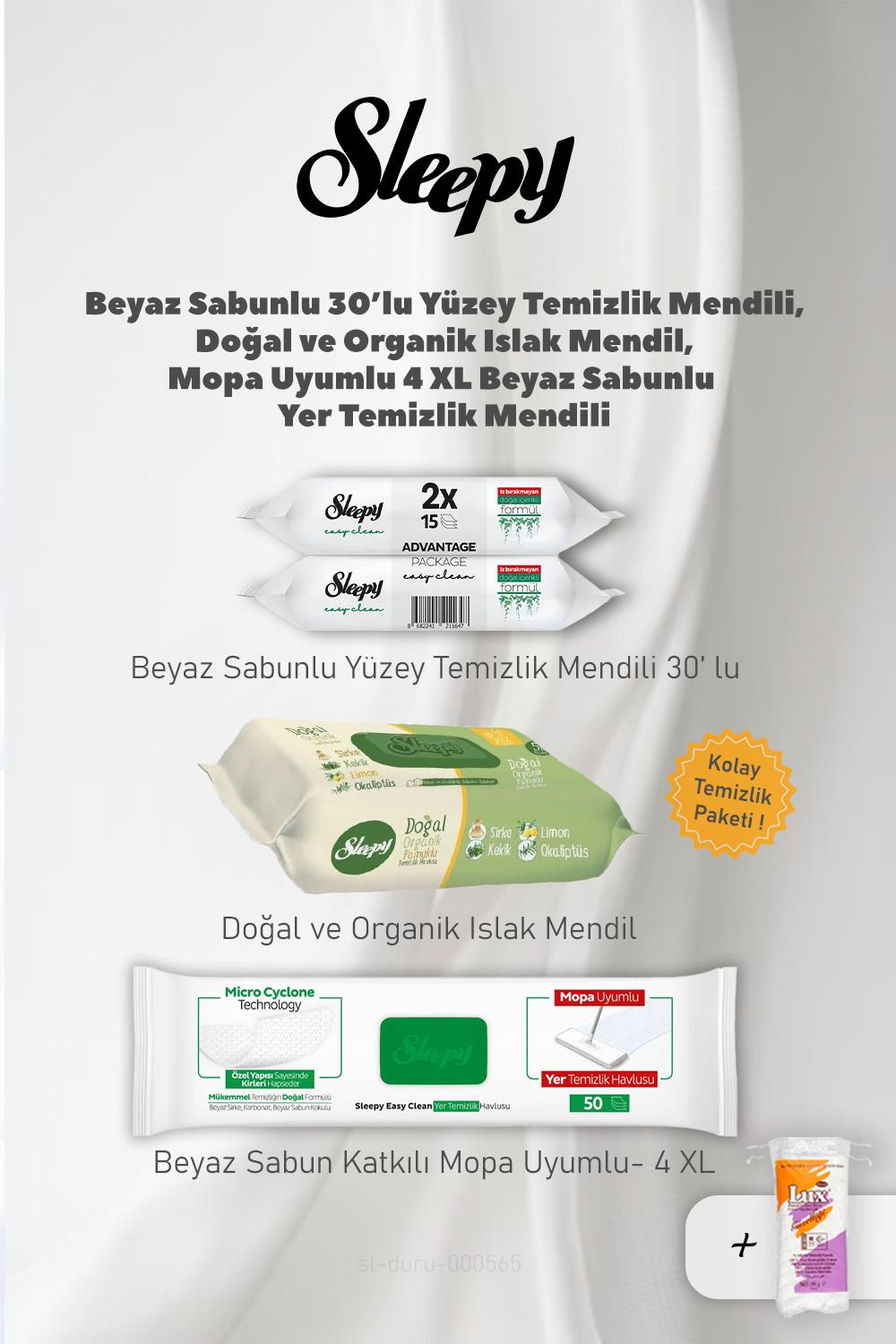 Sleepy Organik Mendil, Mopa Uyumlu 4XL, ve 30 Lu Yüzey Havlusu, Pamuk Hediyeli