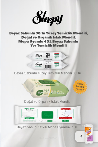 Sleepy Organik Mendil, Mopa Uyumlu 4XL, ve 30 Lu Yüzey Havlusu, Pamuk Hediyeli