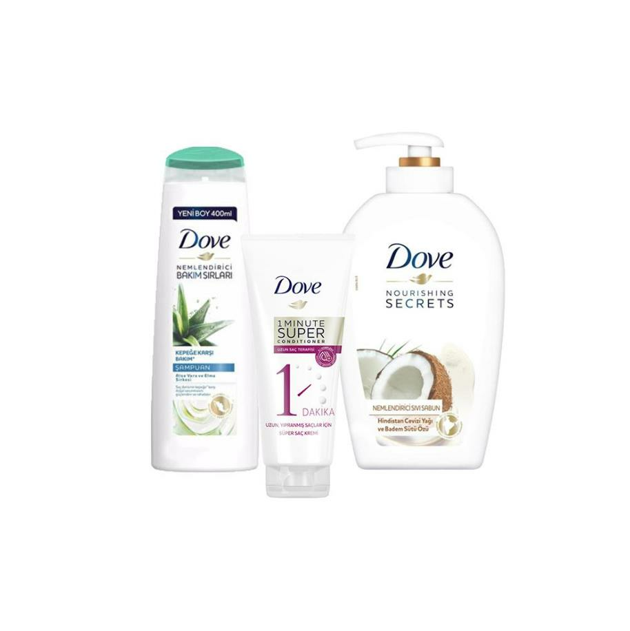 Dove Saç Bakım Şampuanı Aloe Vera, Saç Kremi Uzun Saç Terapisi ve Sıvı Sabun Hindistan Cevizi