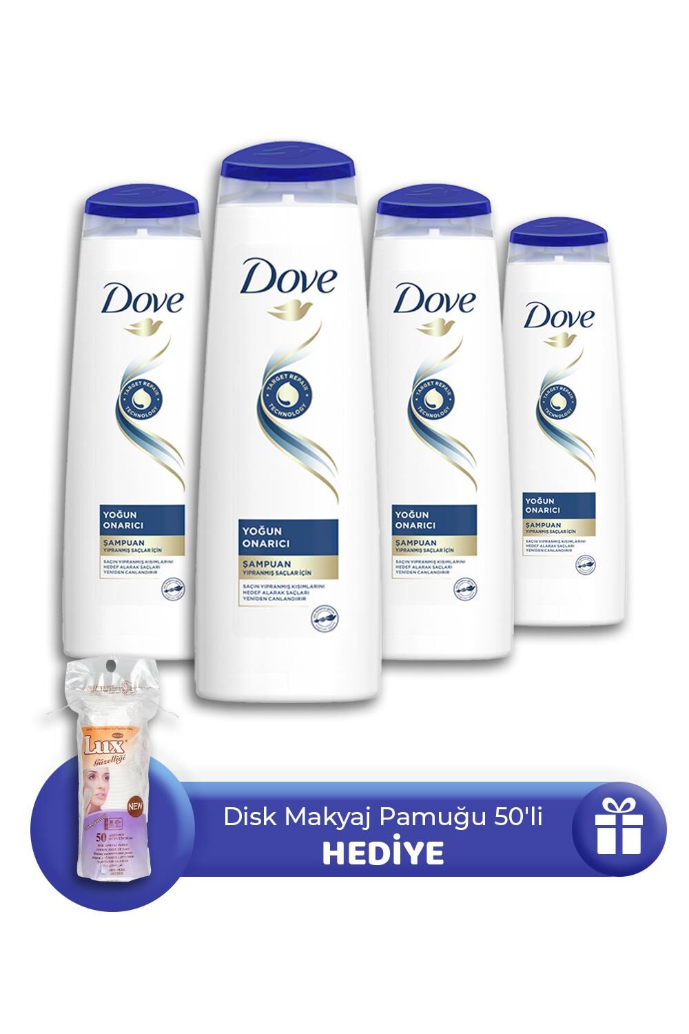 Dove Şampuan Yoğun Onarıcı 350 ml 4 Adet, Makyaj Pamuğu 50' li Hediye