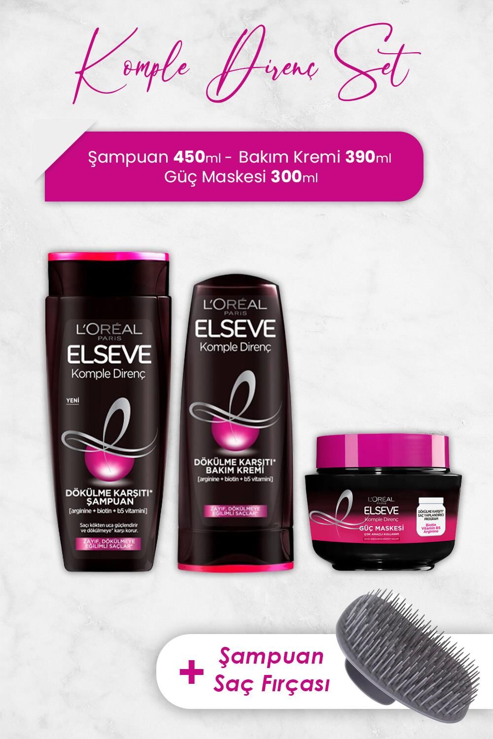 Elseve Komple Direnç Saç Bakım Serisi 2 ve Şampuan Fırçası