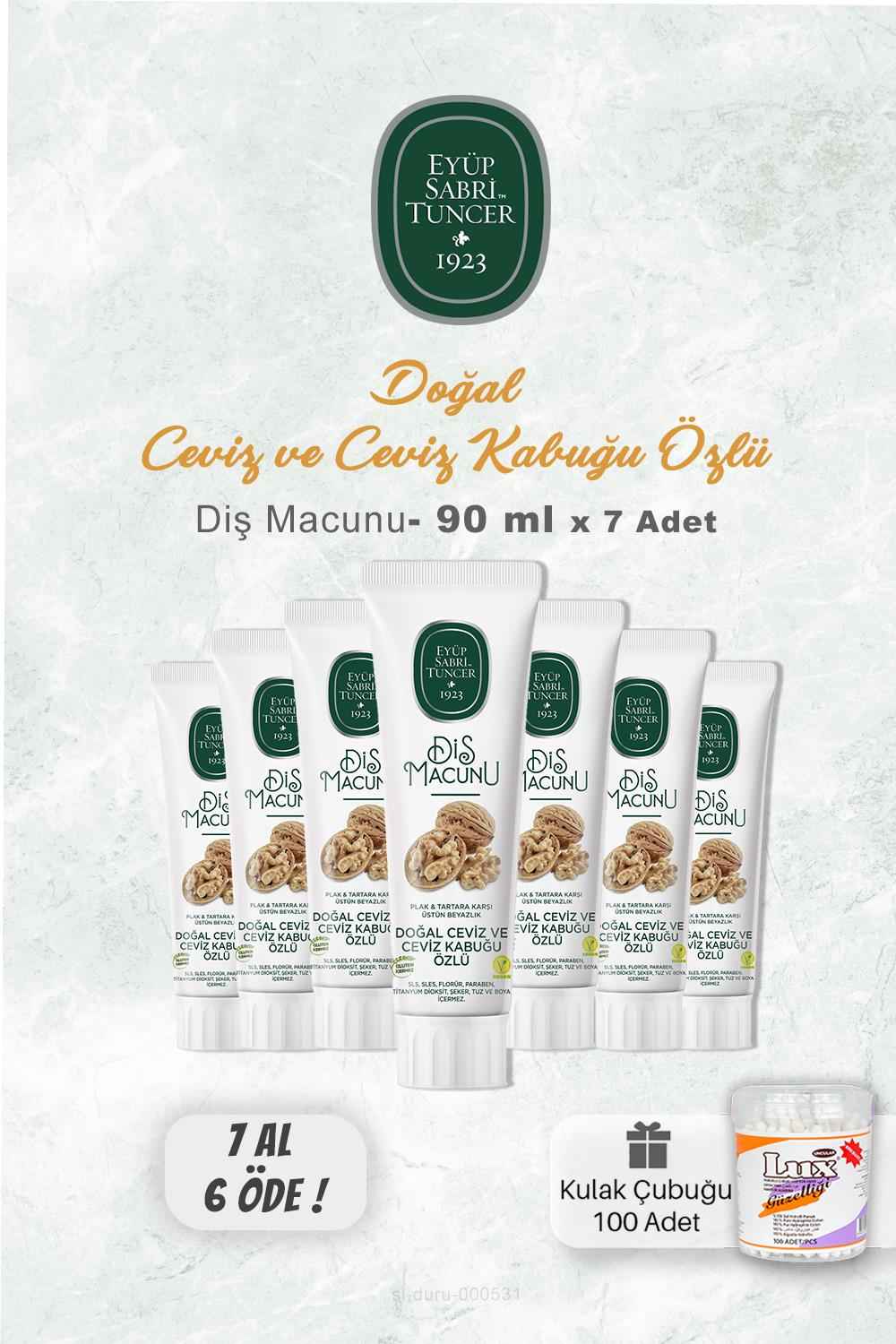 Eyüp Sabri Tuncer 90 ml Ceviz Özlü Diş Macunu 7 AL 6 ÖDE ve Lux Pamuk Çubuğu