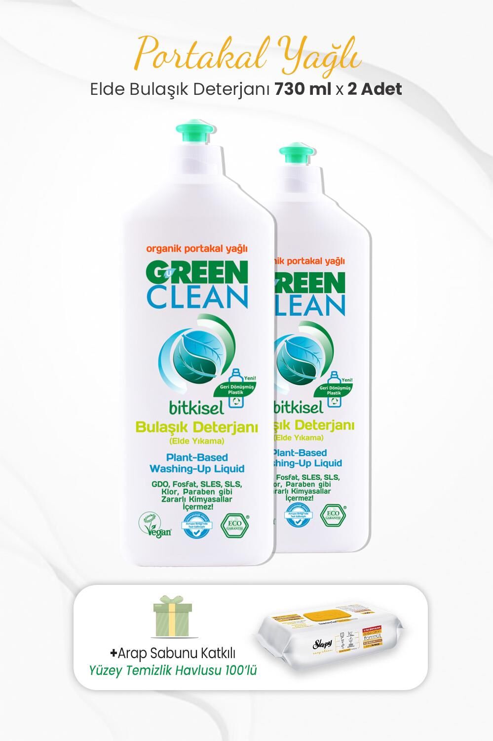 Green Clean 2li Elde Bulaşık Deterjanı  730 ml ve Arap Sabunlu Temizlik Havlusu