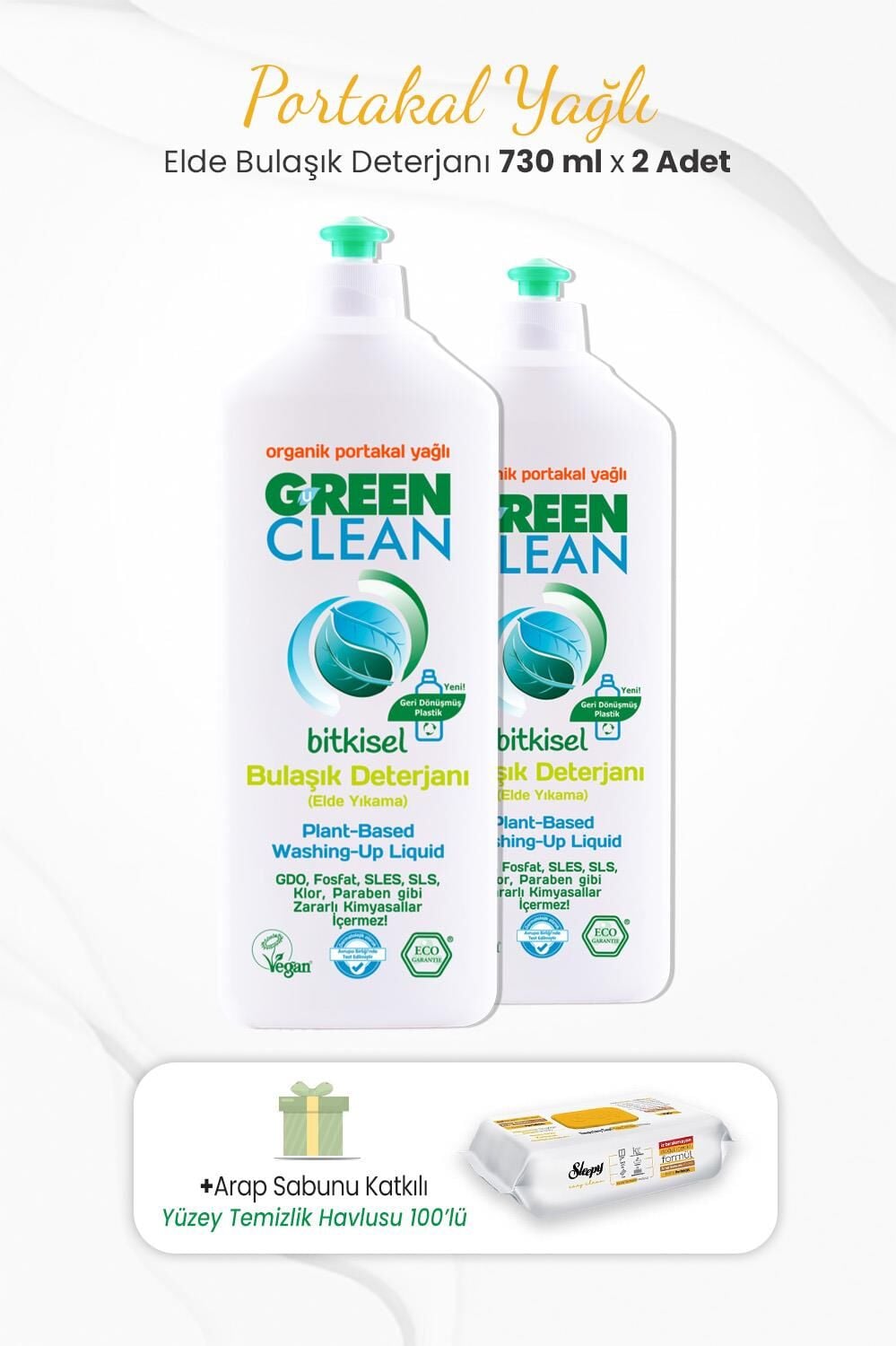 Green Clean 2li Elde Bulaşık Deterjanı  730 ml ve Arap Sabunlu Temizlik Havlusu
