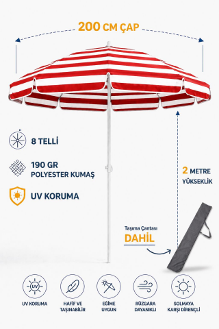 Kırmızı Beyaz Çizgili 200/8 Plaj Ve Güneş Şemsiyesi Taşıma Çantası Hediyeli