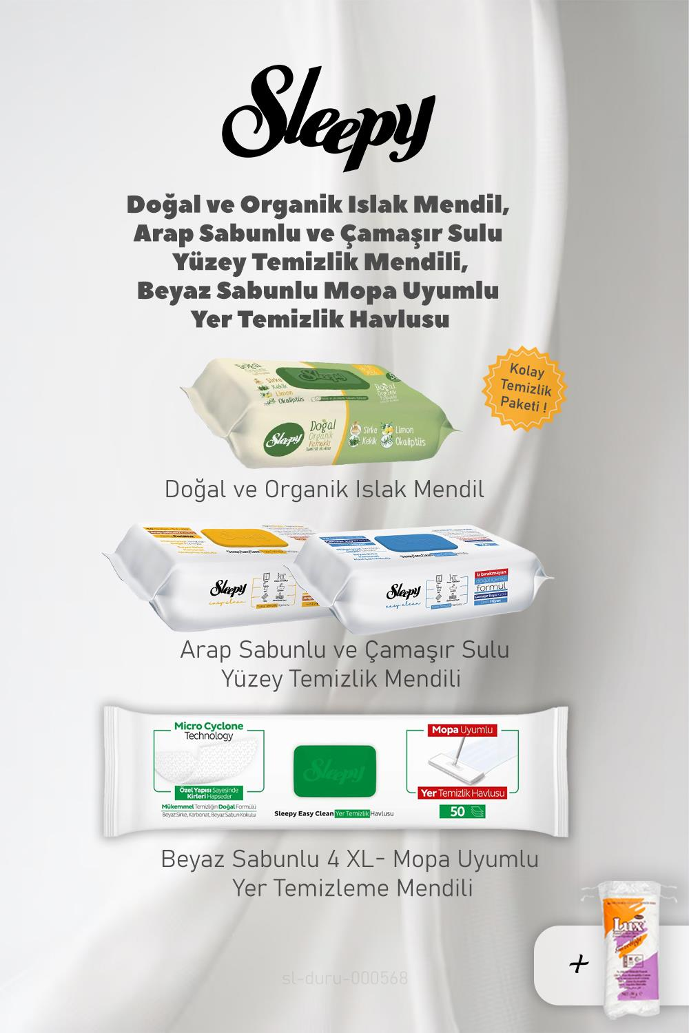 Sleepy Organik Islak Mendil ve Yüzey Temizlik Havlu Seti, 50 Gram Pamuk Hediyeli
