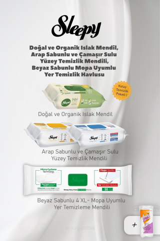 Sleepy Organik Islak Mendil ve Yüzey Temizlik Havlu Seti, 50 Gram Pamuk Hediyeli