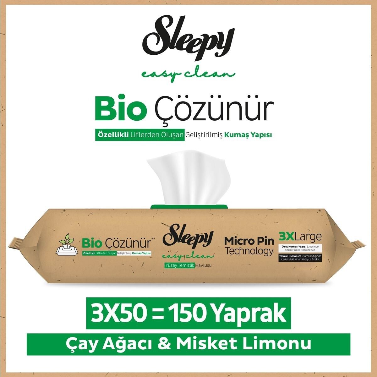 Sleepy Bio Çözünür Yüzey Temizlik Havlusu Çay Ağacı&Misket Limonu 3x50 (150 Yaprak)