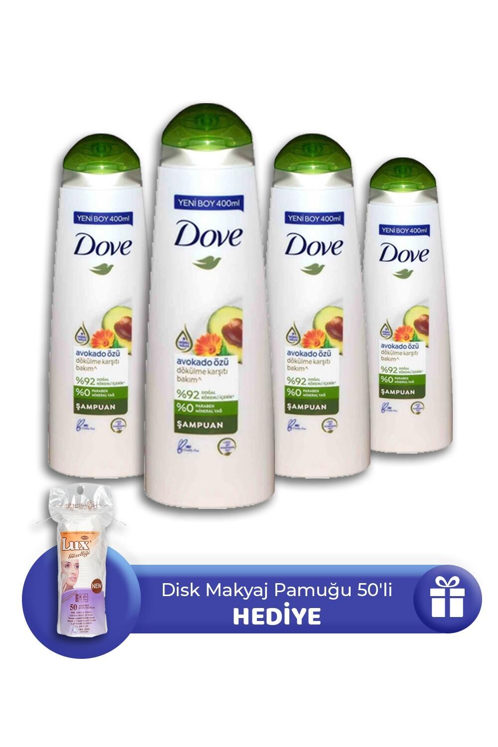Dove Şampuan Avokado Özü 400 ml 4 Adet, Makyaj Pamuğu 50' li Hediye
