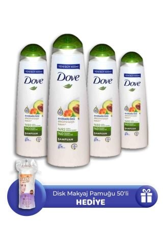 Dove Şampuan Avokado Özü 400 ml 4 Adet, Makyaj Pamuğu 50' li Hediye