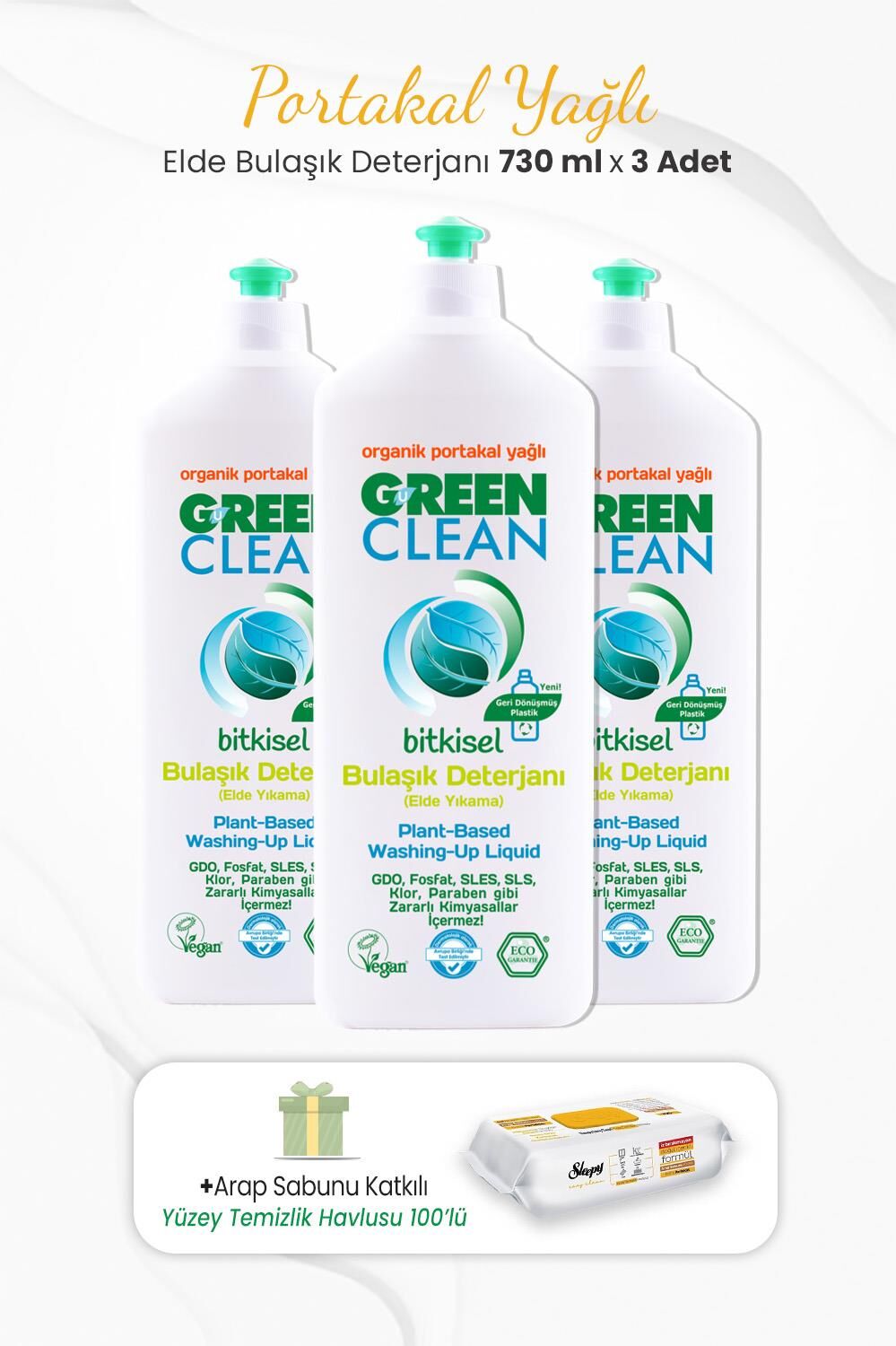 Green Clean 3lü Elde Bulaşık Deterjanı  730 ml ve Arap Sabunlu Temizlik Havlusu