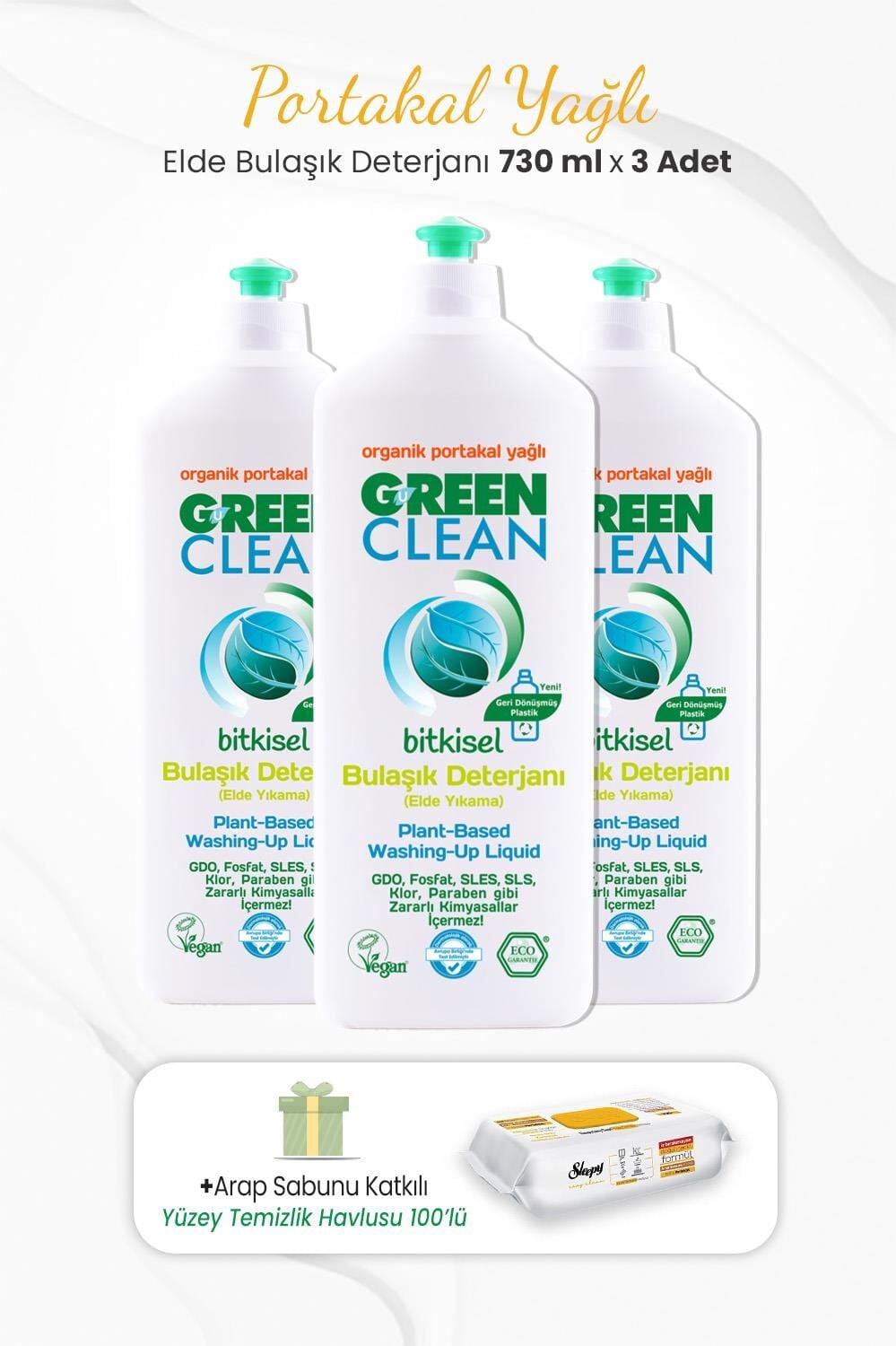 Green Clean 3lü Elde Bulaşık Deterjanı  730 ml ve Arap Sabunlu Temizlik Havlusu
