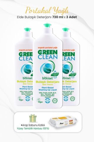 Green Clean 3lü Elde Bulaşık Deterjanı  730 ml ve Arap Sabunlu Temizlik Havlusu