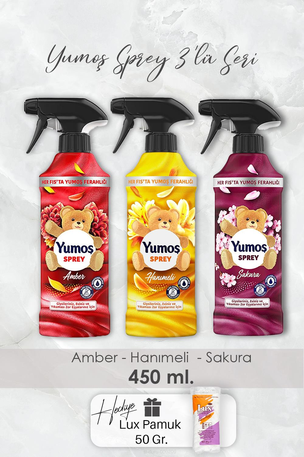 Yumoş Sprey Sakura, Amber ve Hanımeli, Pamuk Hediyeli