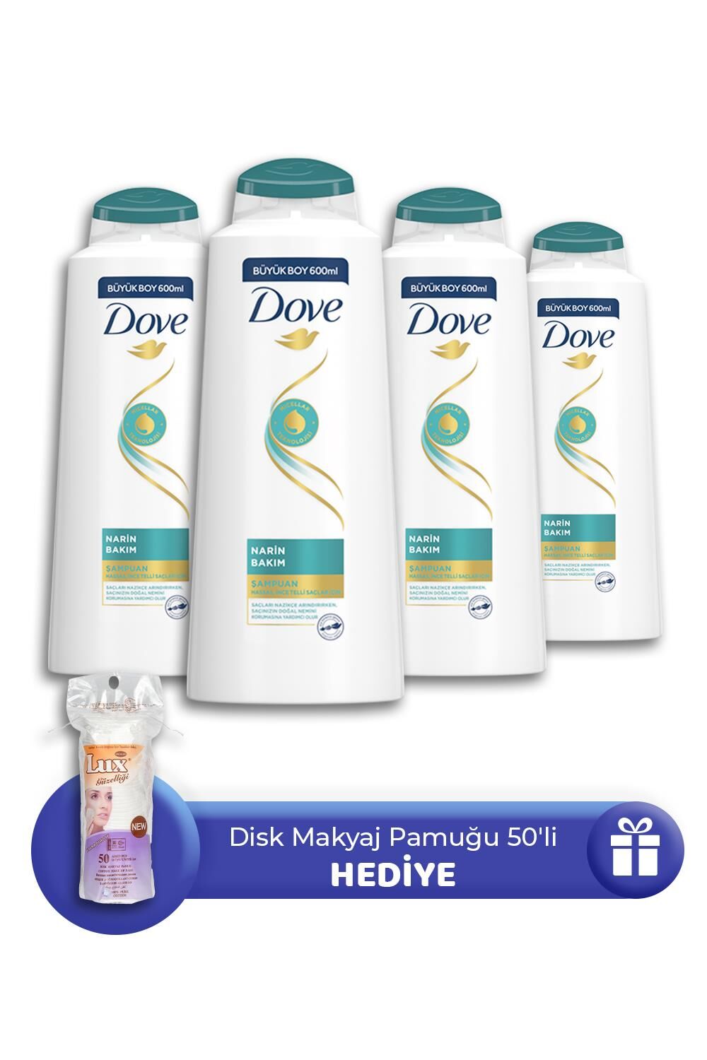 Dove Narin Bakım Şampuan 600 ML 4 Adet, Makyaj Pamuğu 50' li Hediye
