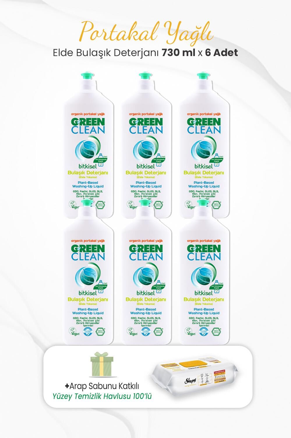 Green Clean 6lı Elde Bulaşık Deterjanı  730 ml ve Arap Sabunlu Temizlik Havlusu