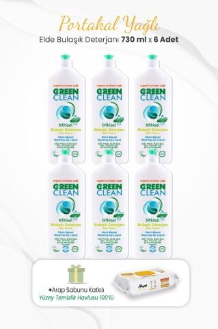 Green Clean 6lı Elde Bulaşık Deterjanı  730 ml ve Arap Sabunlu Temizlik Havlusu