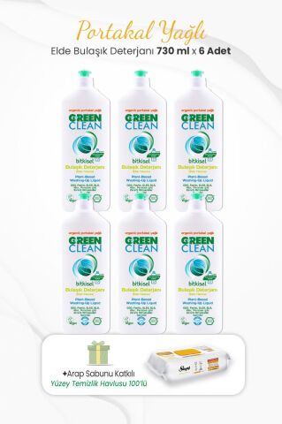 Green Clean 6lı Elde Bulaşık Deterjanı  730 ml ve Arap Sabunlu Temizlik Havlusu