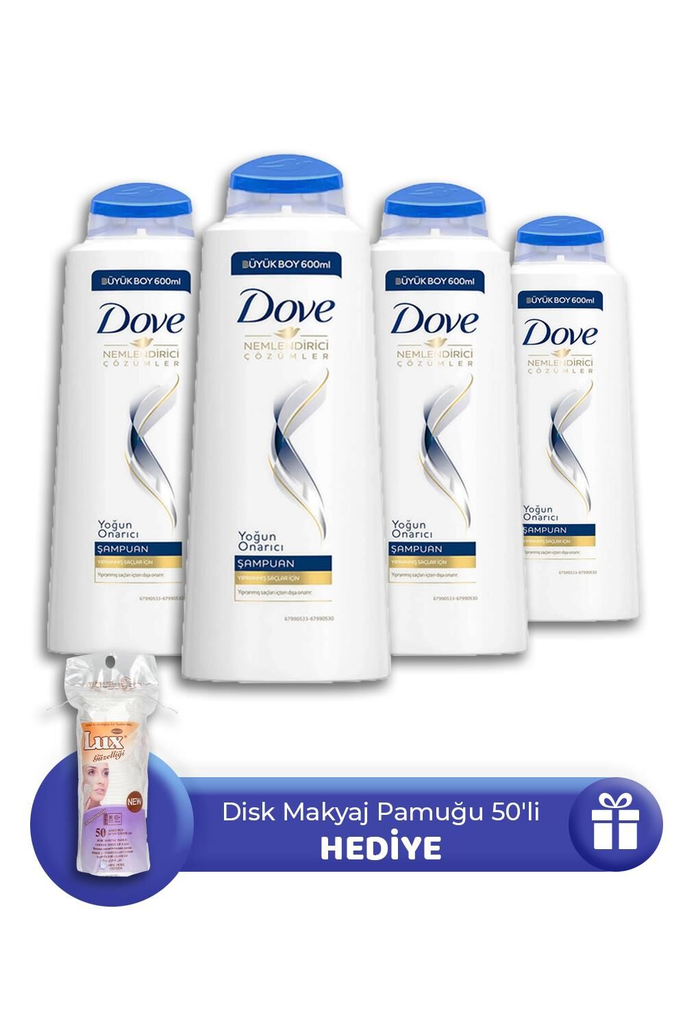 Dove Yoğun Onarıcı Şampuan 600 ML 4 Adet, Makyaj Pamuğu 50' li Hediye
