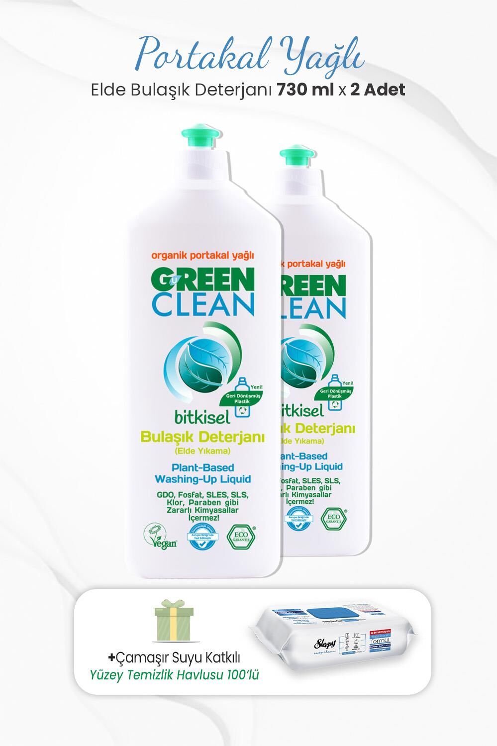 Green Clean 730 ml Bitkisel Elde Bulaşık Deterjanı x 2 Adet ve Çamaşır Sulu Temizlik Havlusu
