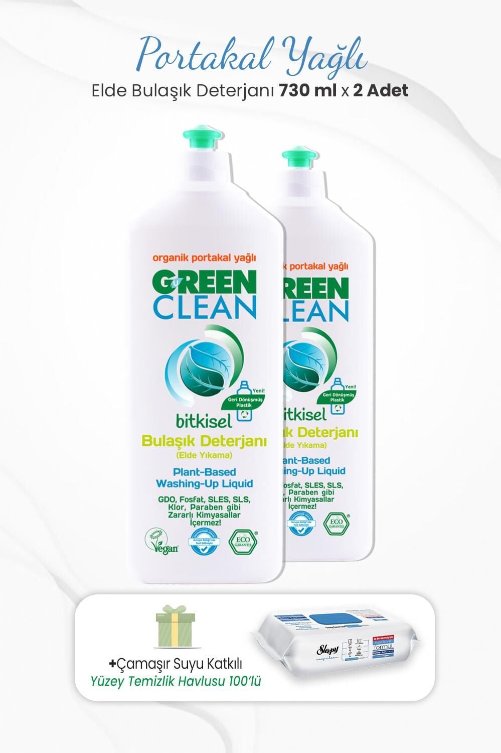Green Clean 730 ml Bitkisel Elde Bulaşık Deterjanı x 2 Adet ve Çamaşır Sulu Temizlik Havlusu