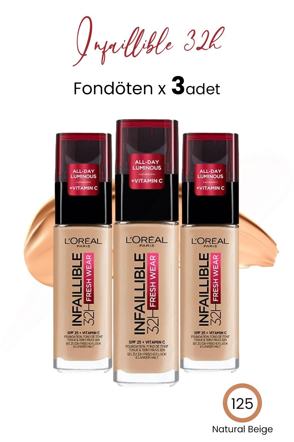 Loreal Paris Infaillible 32H Fresh Wear Fondöten 125 Natural Beige x 3 Adet