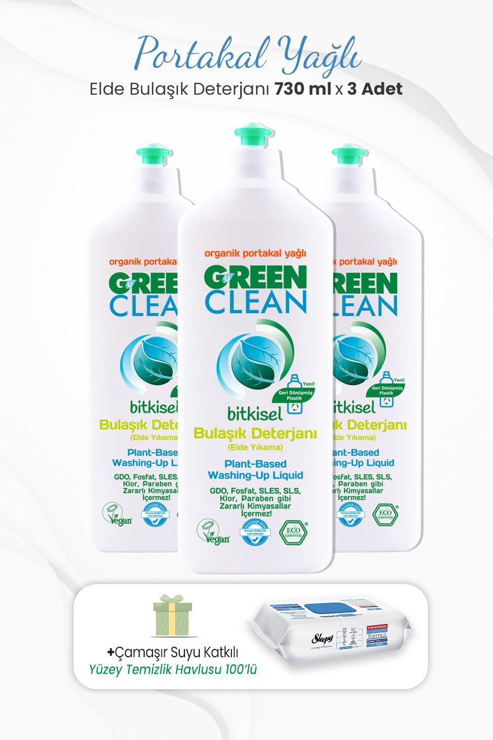 Green Clean 730 ml Bitkisel Elde Bulaşık Deterjanı x 3 Adet ve Çamaşır Sulu Temizlik Havlusu