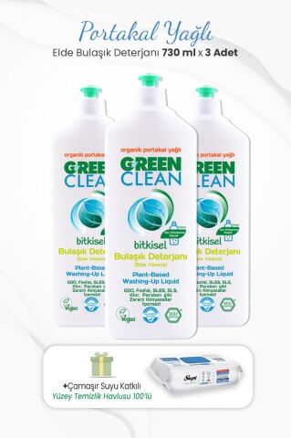 Green Clean 730 ml Bitkisel Elde Bulaşık Deterjanı x 3 Adet ve Çamaşır Sulu Temizlik Havlusu