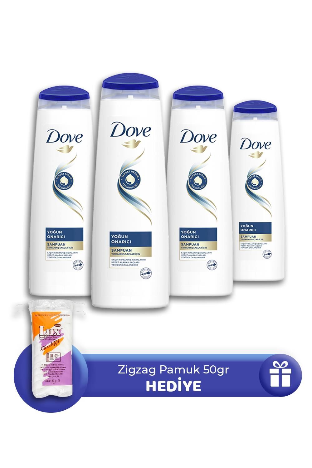 Dove Şampuan Yoğun Onarıcı 350 ml 4 Adet, Zigzag Pamuk 50 gr Hediye