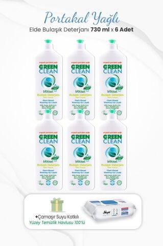 Green Clean 730 ml Bitkisel Elde Bulaşık Deterjanı x 6 Adet ve Çamaşır Sulu Temizlik Havlusu