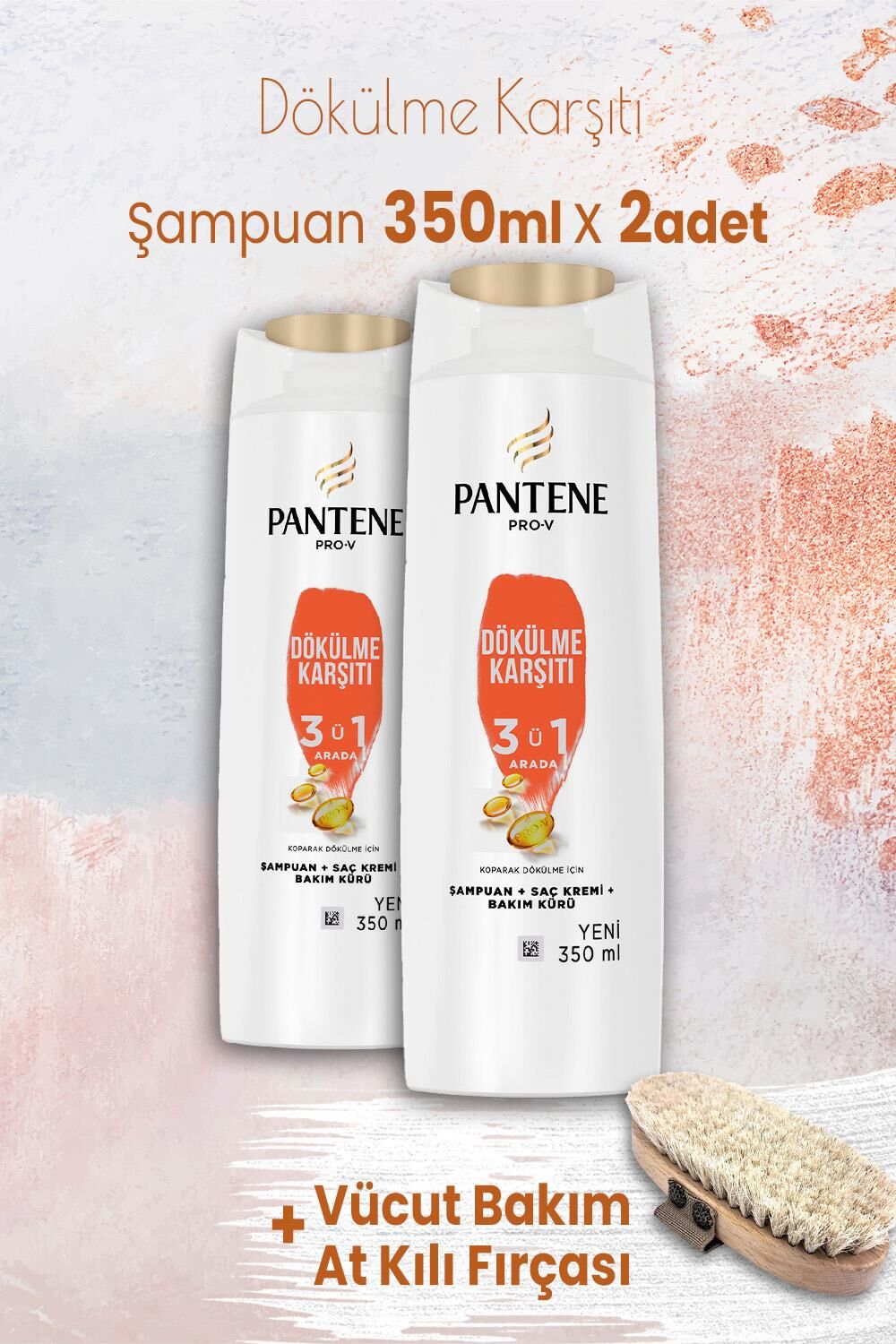 Pantene Şampuan Pro-V Dökülme Karşıtı 3' ü 1 Arada 350 ml x 2 Adet ve Vücut Bakım At Kılı Fırçası