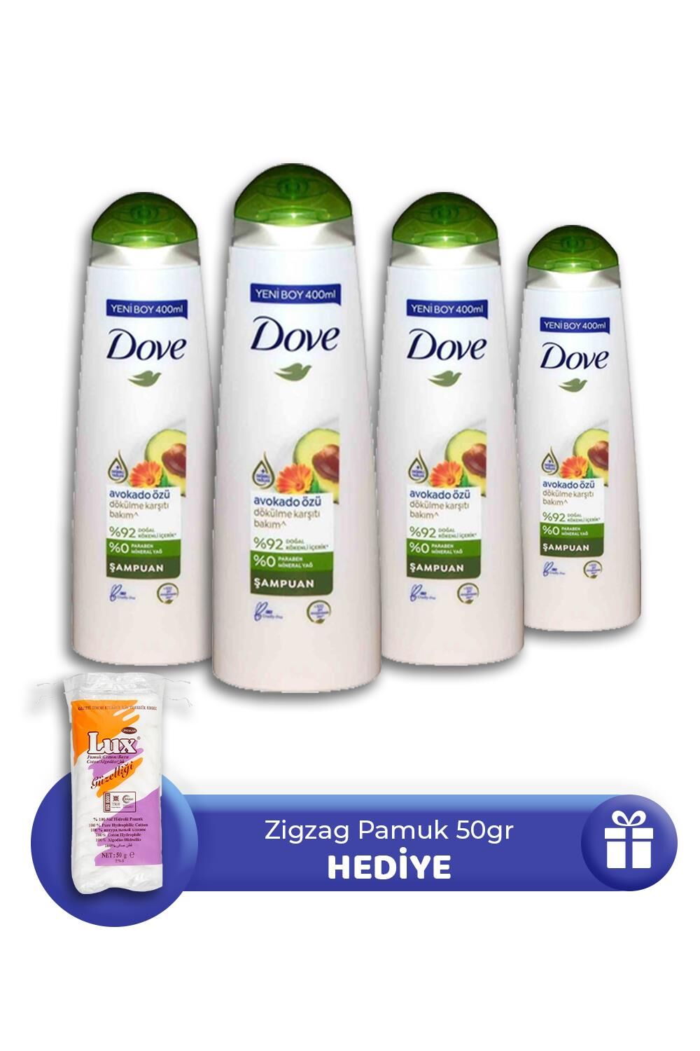 Dove Şampuan Avokado Özü 400 ml 4 Adet, Zigzag Pamuk 50 gr Hediye