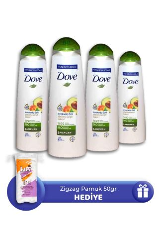 Dove Şampuan Avokado Özü 400 ml 4 Adet, Zigzag Pamuk 50 gr Hediye