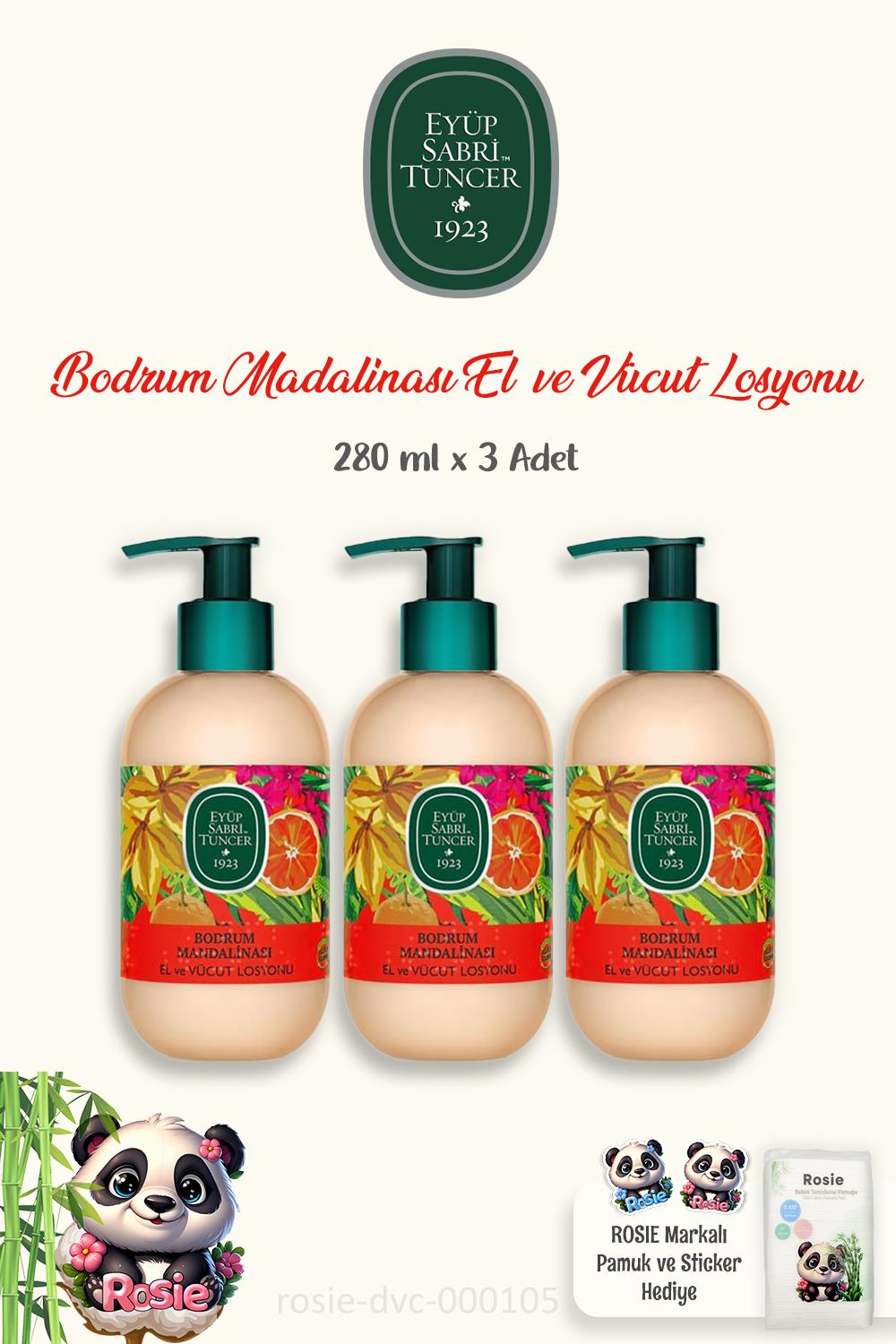 Eyüp Sabri Tuncer 3 Adet  Bodrum Mandalinası Vücut Losyonu 280 ml ve ROSIE