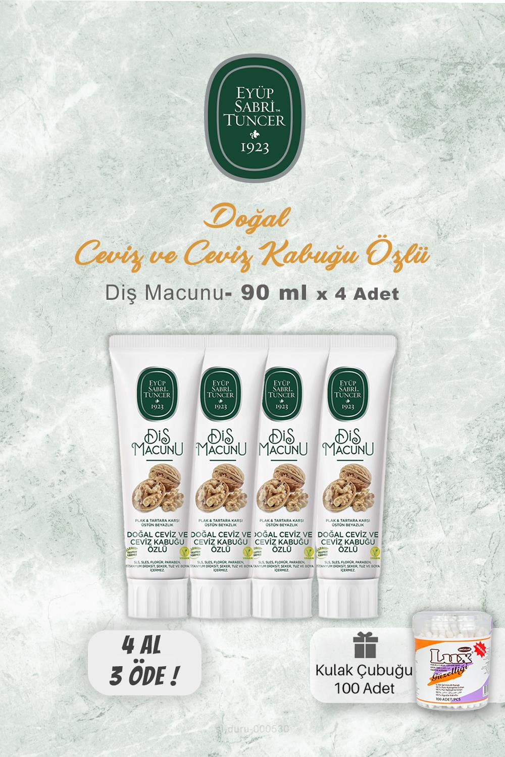 Eyüp Sabri Tuncer Ceviz Özlü Diş Macunu 90 ml 4 AL 3 ÖDE ve Kulak Çubuğu 100 Adet