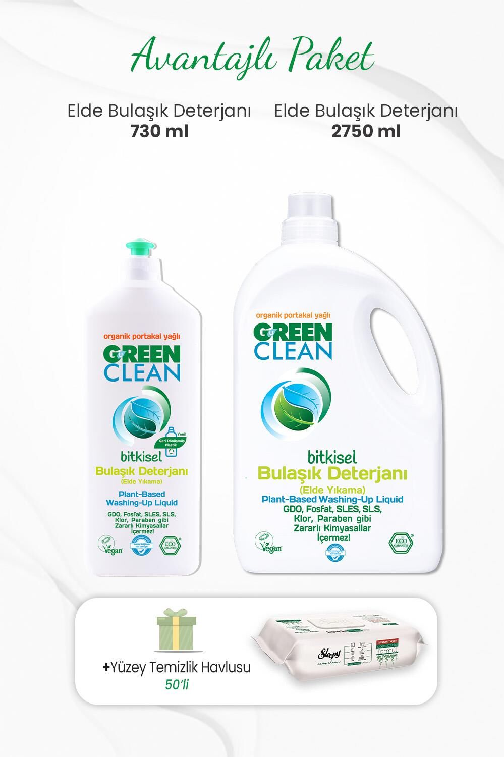 Green Clean Bulaşık Deterjanı 730 ml, 2750 ml ve Yüzey Temizlik Havlusu 50'li