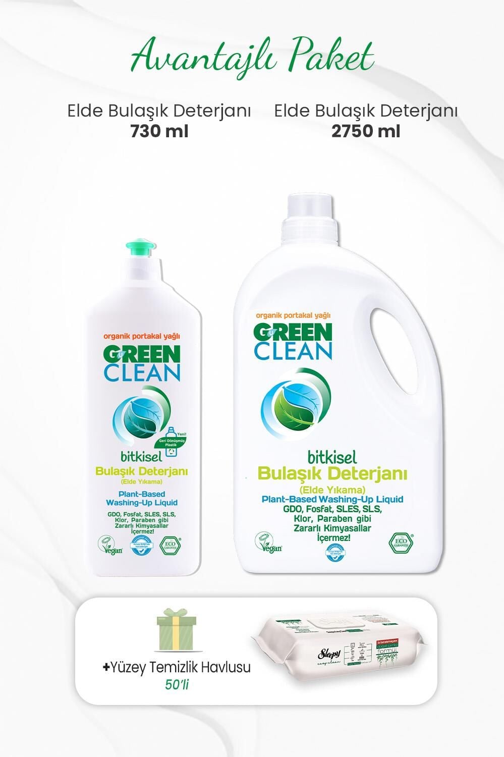Green Clean Bulaşık Deterjanı 730 ml, 2750 ml ve Yüzey Temizlik Havlusu 50'li