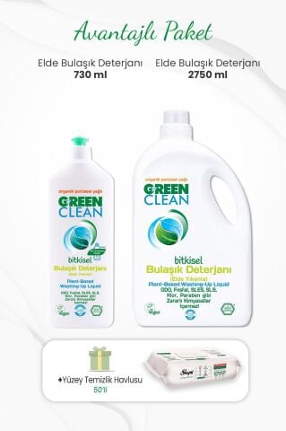 Green Clean Bulaşık Deterjanı 730 ml, 2750 ml ve Yüzey Temizlik Havlusu 50'li