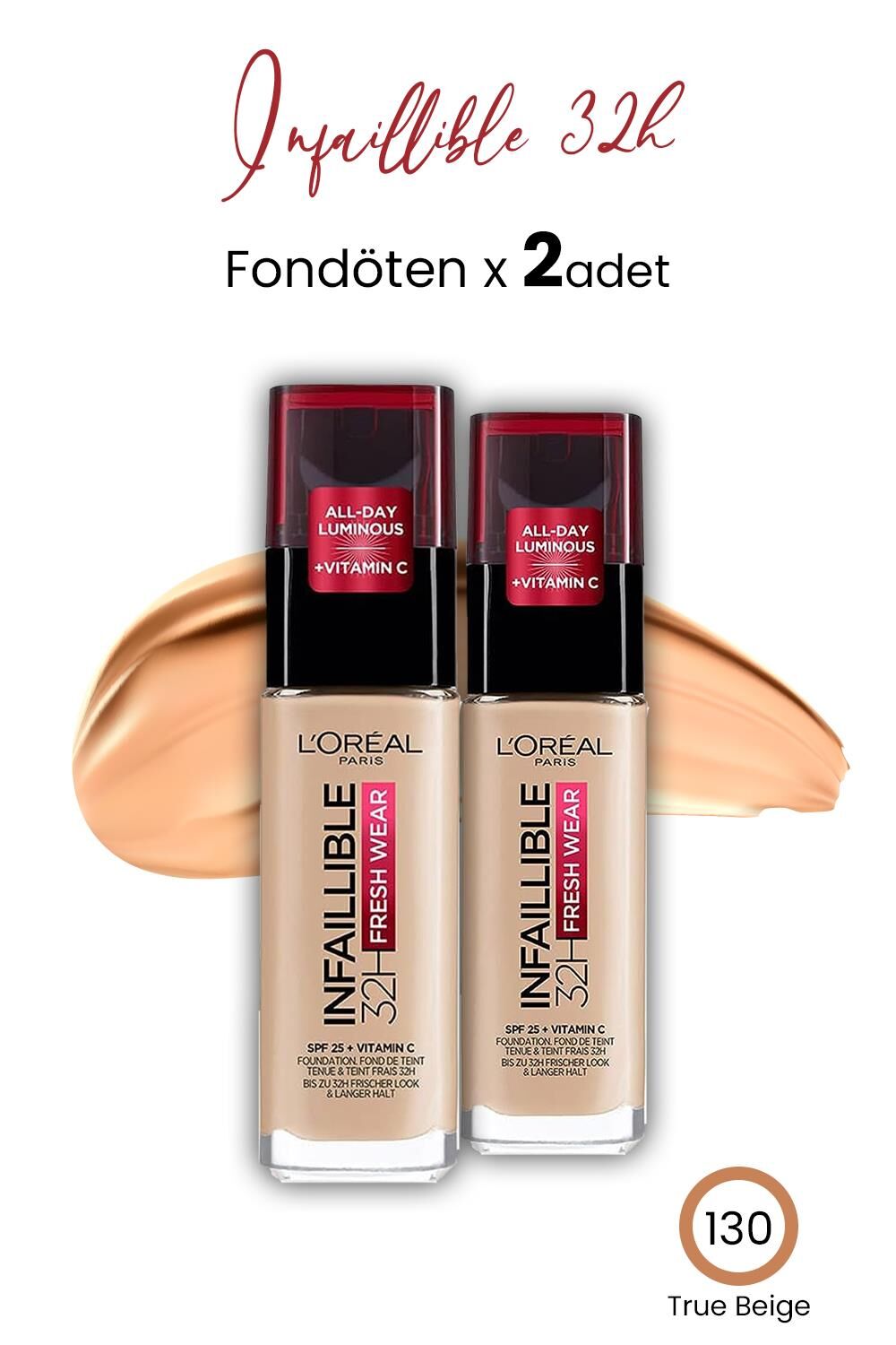 Loreal Paris Infaillible 32H Fresh Wear Fondöten 130 True Beige x 2 Adet