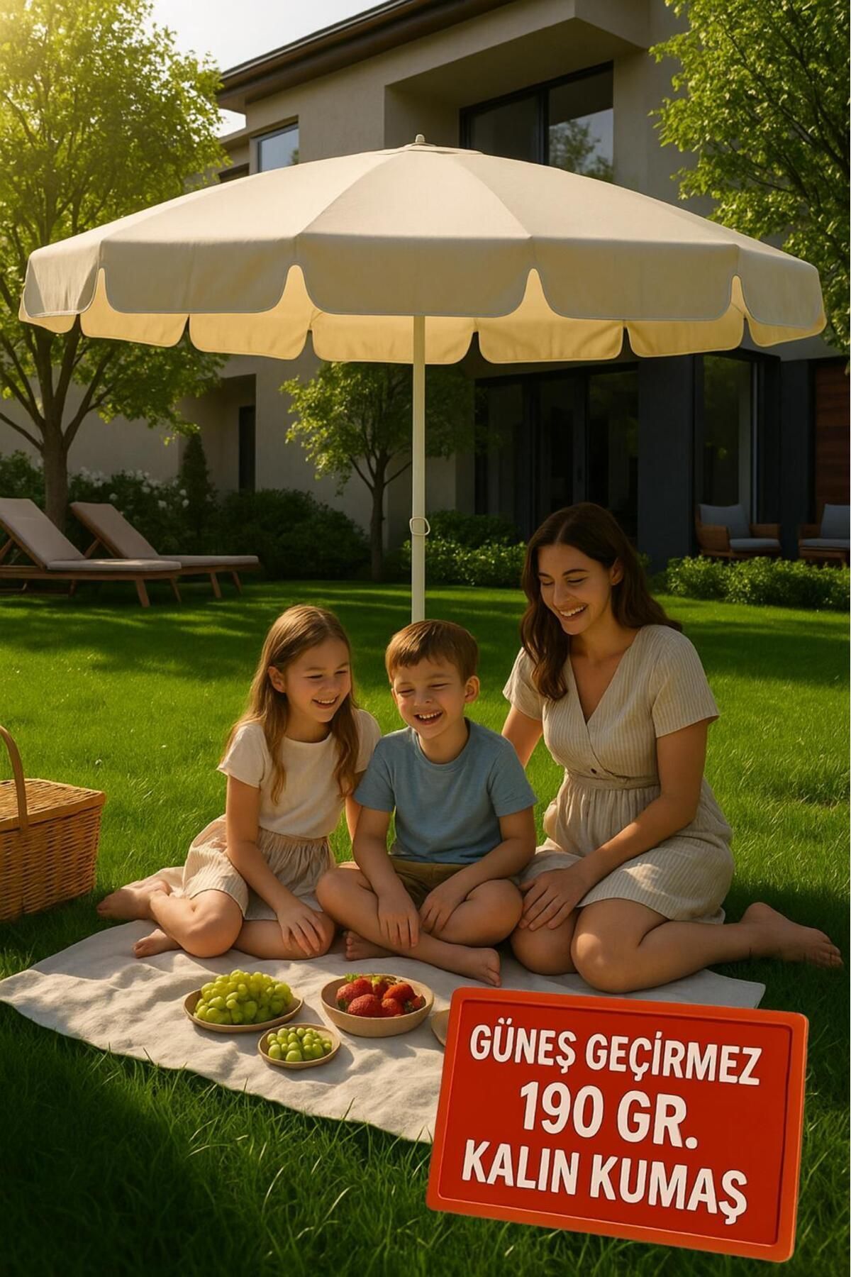 Şemsiye Plaj, Güneş Ve Balkon Şemsiyesi Krem Renk Kalın Kumaş 10 Telli 200cm Çap