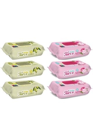 Baby Turco Islak Havlu Mendil 90 Yaprak Karma 6 Lı Set (gül/zeytinyağı) 540 Yaprak