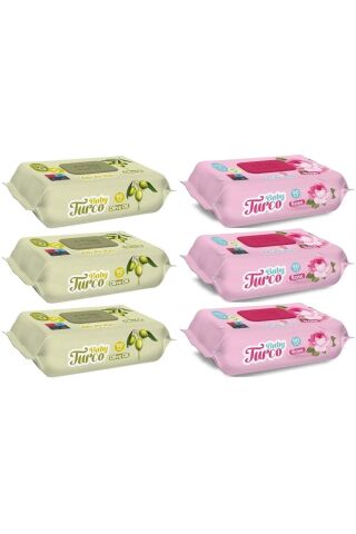 Baby Turco Islak Havlu Mendil 90 Yaprak Karma 6 Lı Set (gül/zeytinyağı) 540 Yaprak