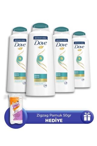 Dove Narin Bakım Şampuan 600 ml 4 Adet, Zigzag Pamuk 50 gr Hediye