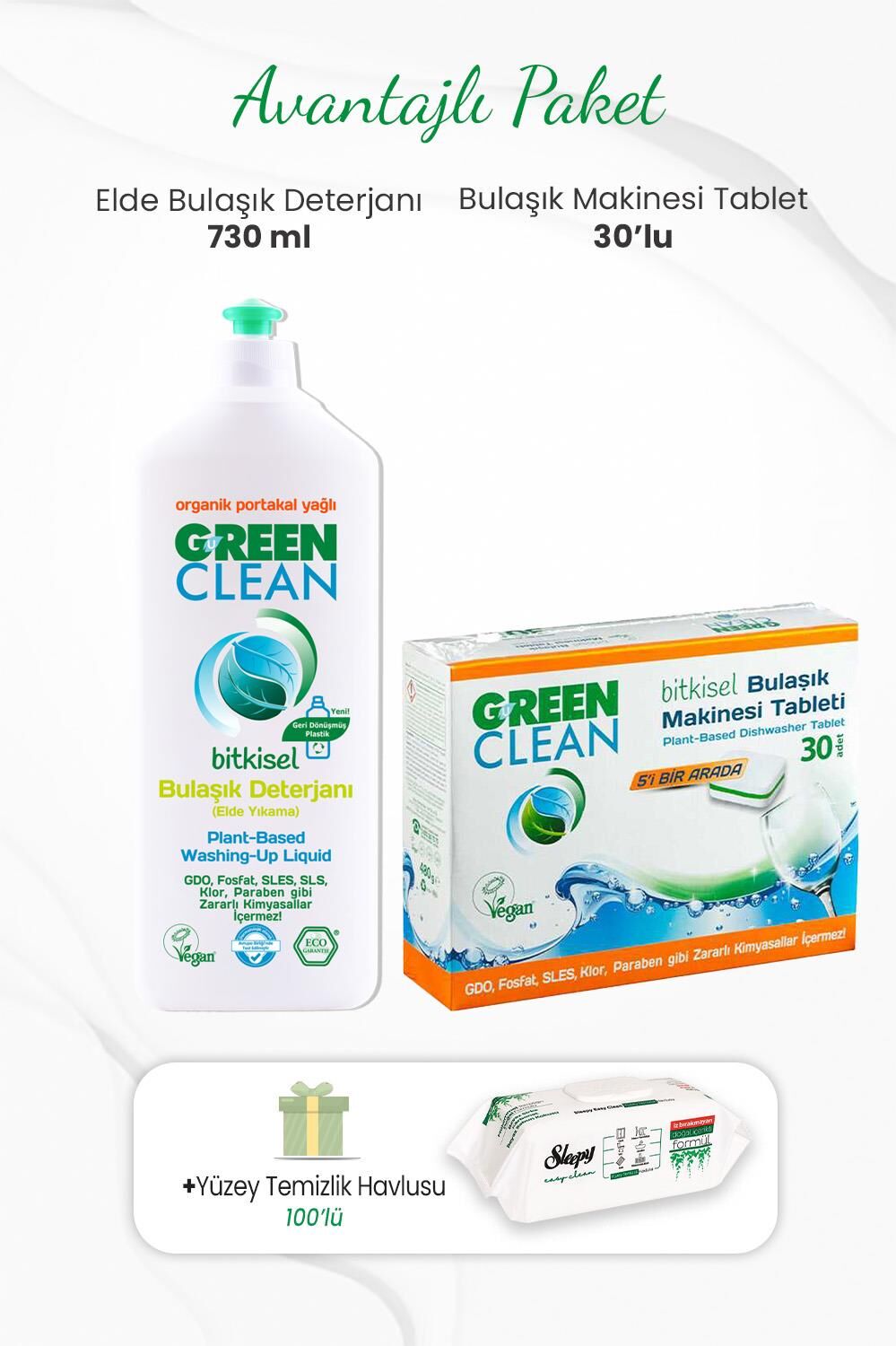 Green Clean Elde Bulaşık Deterjanı 730 ml,30'lu Bulaşık Makinesi Tableti ve Temizlik Havlusu 100'lü