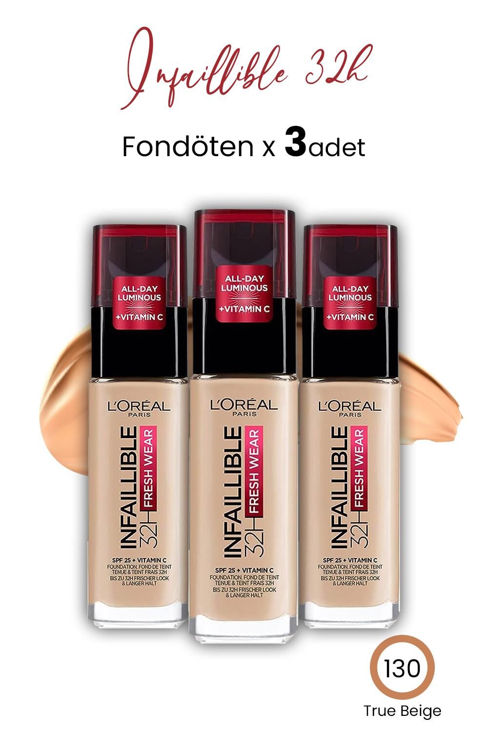 Loreal Paris Infaillible 32H Fresh Wear Fondöten 130 True Beige x 3 Adet