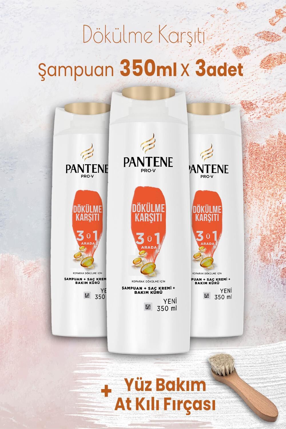 Pantene Şampuan Pro-V Dökülme Karşıtı 3' ü 1 Arada 350 ml x 3 Adet ve Yüz Bakım At Kılı Fırçası