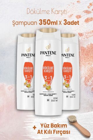 Pantene Şampuan Pro-V Dökülme Karşıtı 3' ü 1 Arada 350 ml x 3 Adet ve Yüz Bakım At Kılı Fırçası