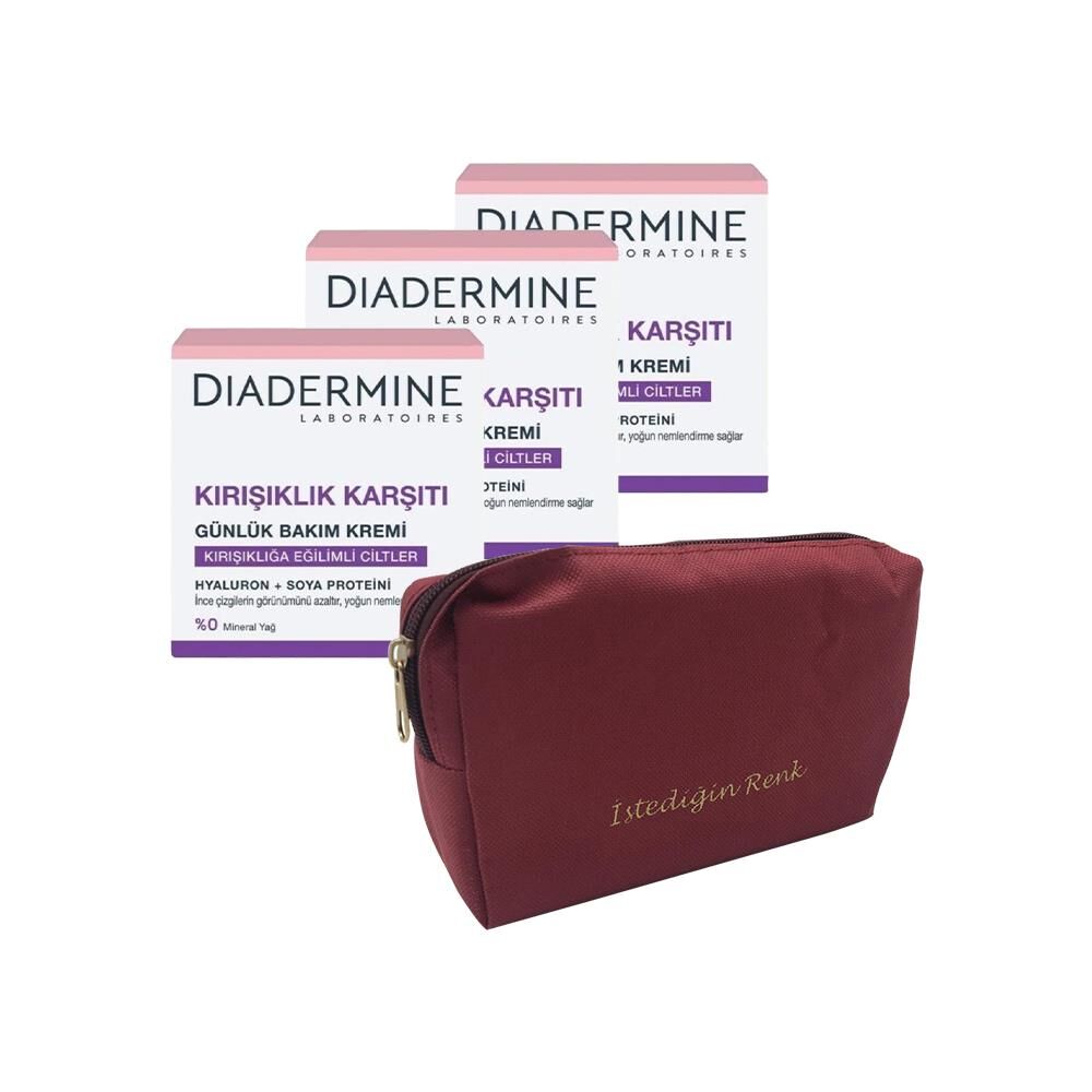 Diadermine Kırışıklık Karşıtı Günlük Bakım Kremi (Tüm Cilt Tipleri) 50 ml x 3 ve 'İstediğin Sen' Çanta Hediyeli
